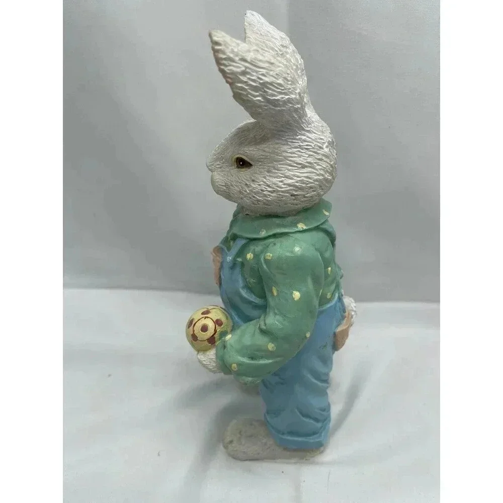 Vintage Bunny Rabbit Figurine Painting Egg Blue Overalls Easter Spring